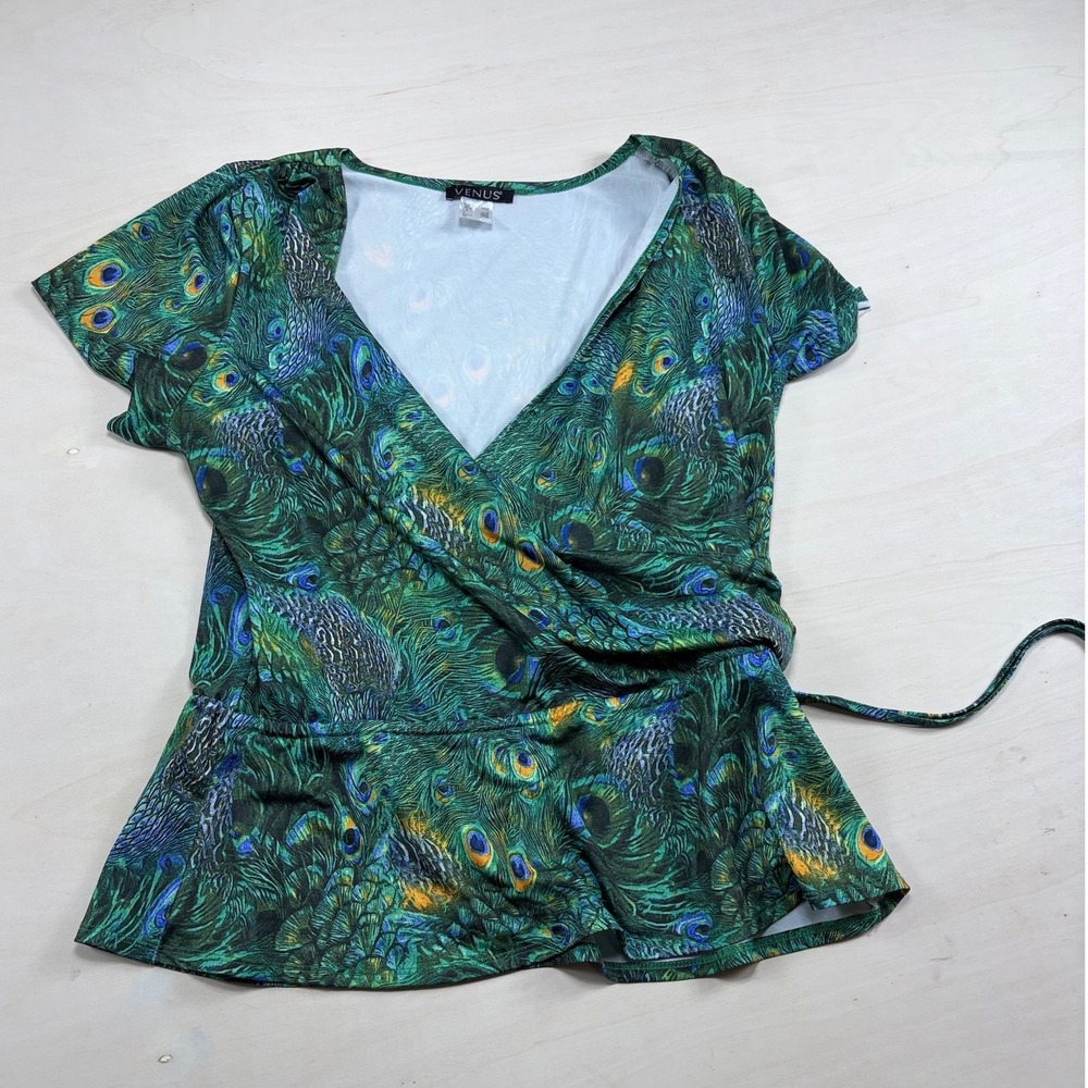 Venus Peacock Feather Print Surplice Wrap Top Green Blue Short Sleeve Blouse L